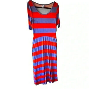 Lularoe Large Ana wide stripe varsity stripe maxi dress.Orange & denim blue.NWT